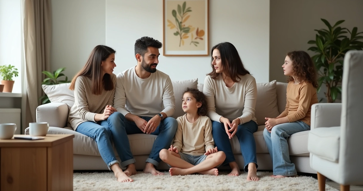 Familia sentada en la sala conversando con serenidad 