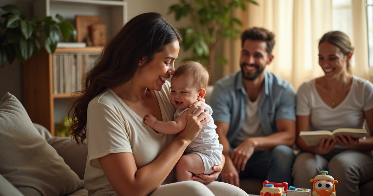 Mãe feliz com bebê no colo e família sorridente ao redor 