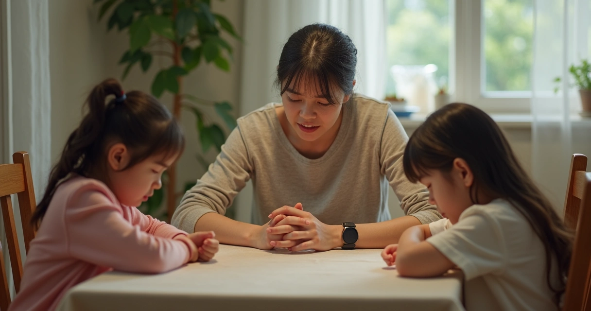Família sentada à mesa, mãe olhando para baixo, filhos de cabeça baixa, clima de distanciamento 