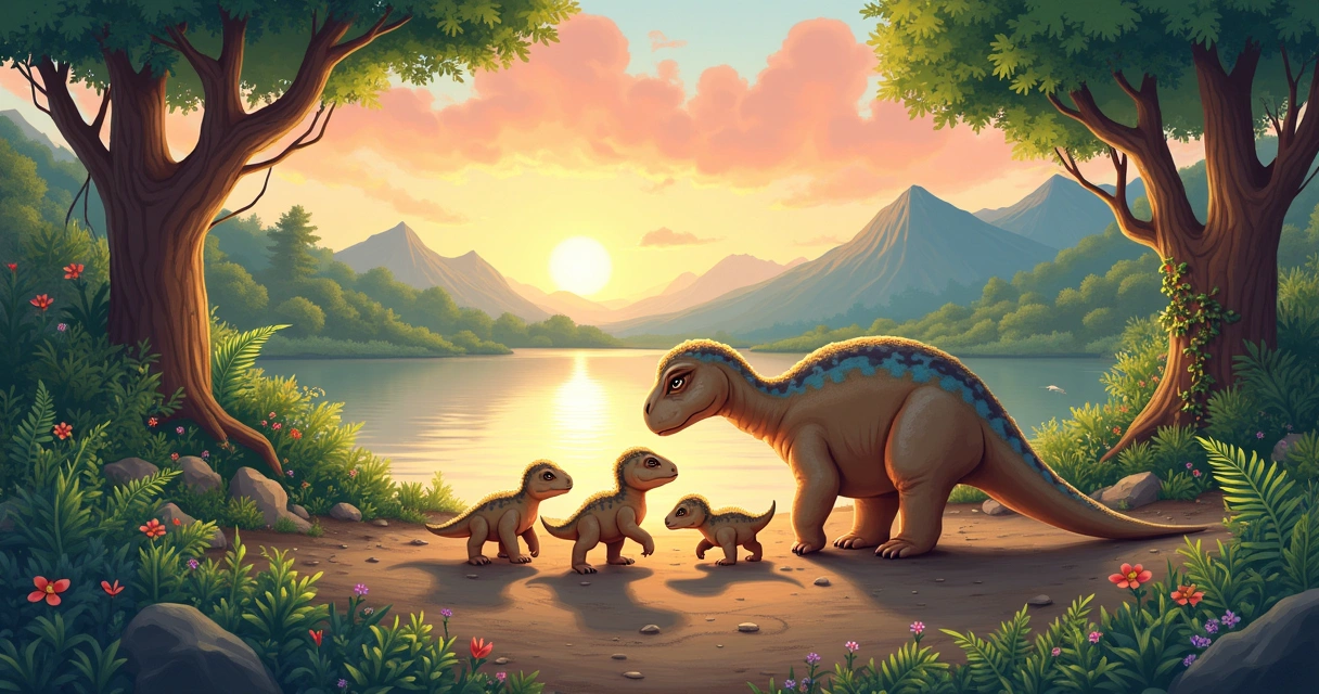 Família de Maiasaura em um paisagem pré-histórica, com pais e filhotes em um ambiente natural.