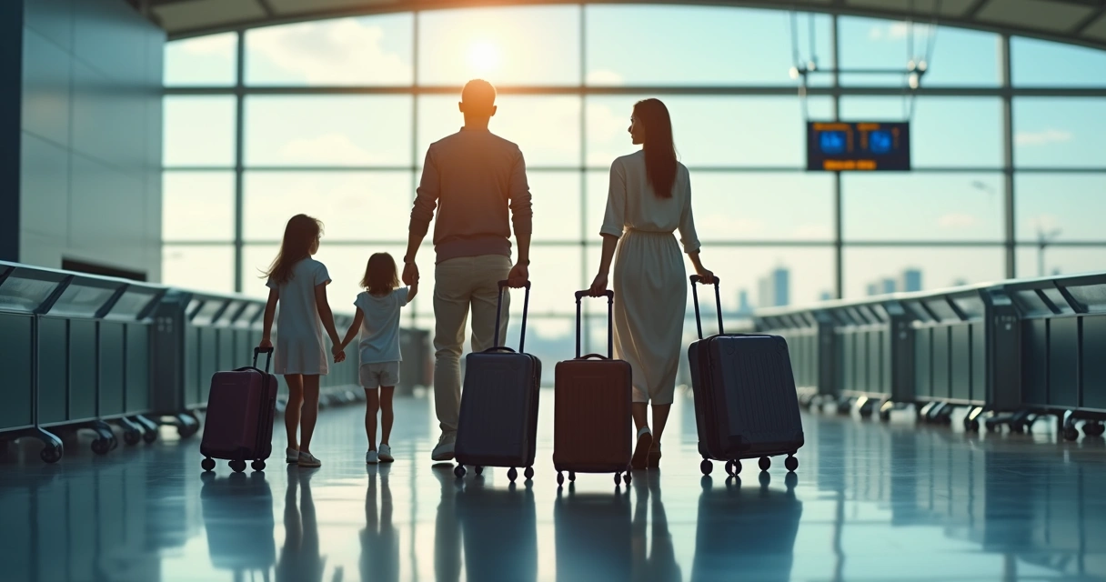 Familia con maletas en un aeropuerto durante una mudanza 