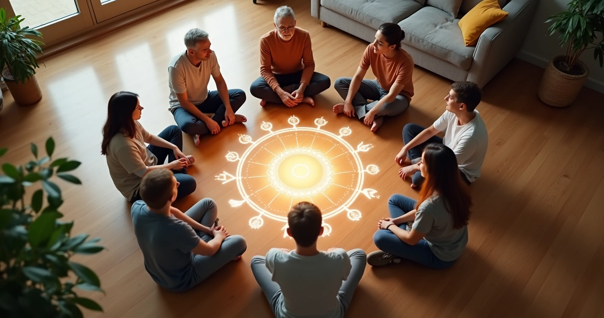 Familia sentada en círculo alrededor de un mandala luminoso en el suelo 