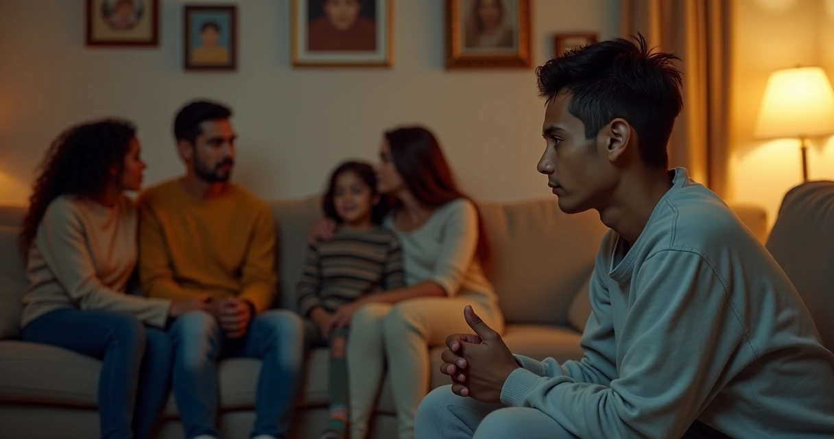 Jovem em sala de estar percebendo cordas de manipulação invisíveis ligadas à família 