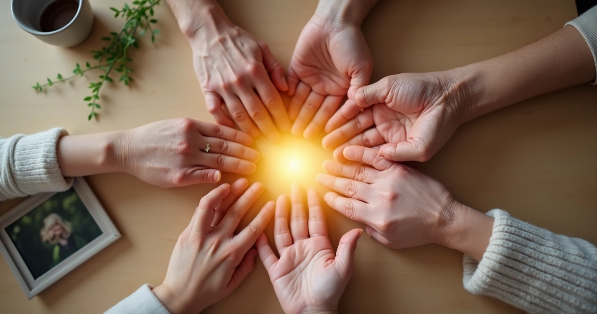 Mãos de familiares formando círculo iluminado em mesa de madeira clara 