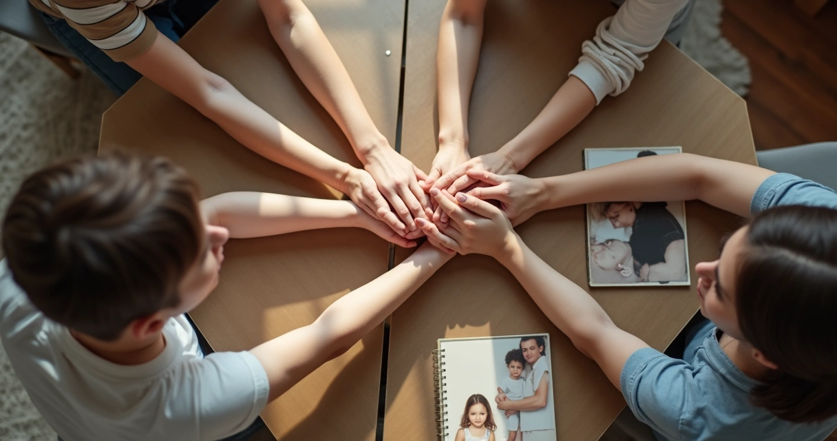 Membros de uma família sentados em uma mesa de jantar com as mãos unidas e olhares sérios 