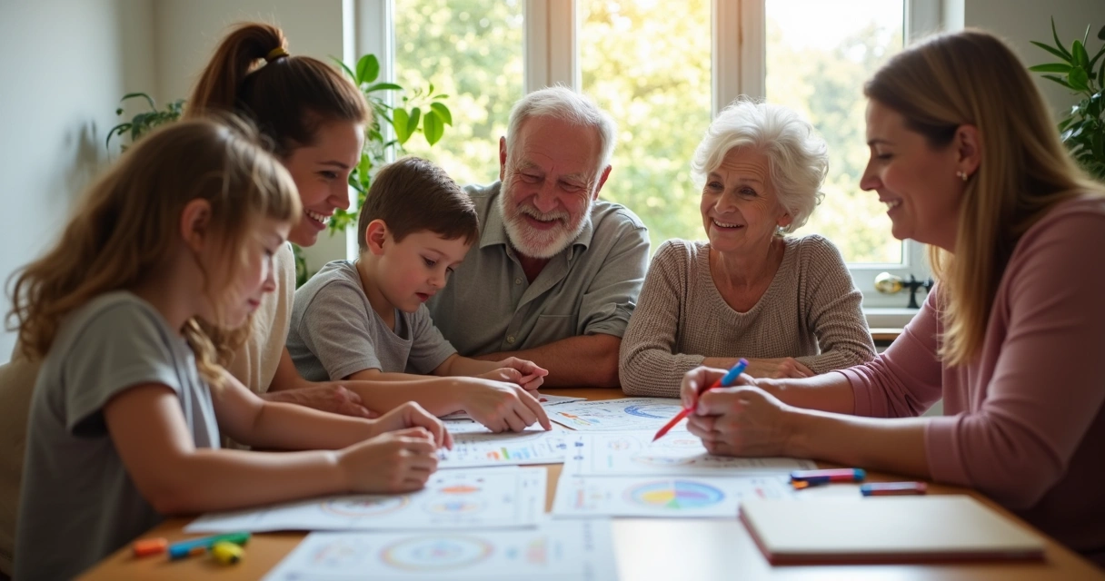 Família reunida ao redor de uma mesa analisando mapa astral em papéis coloridos 