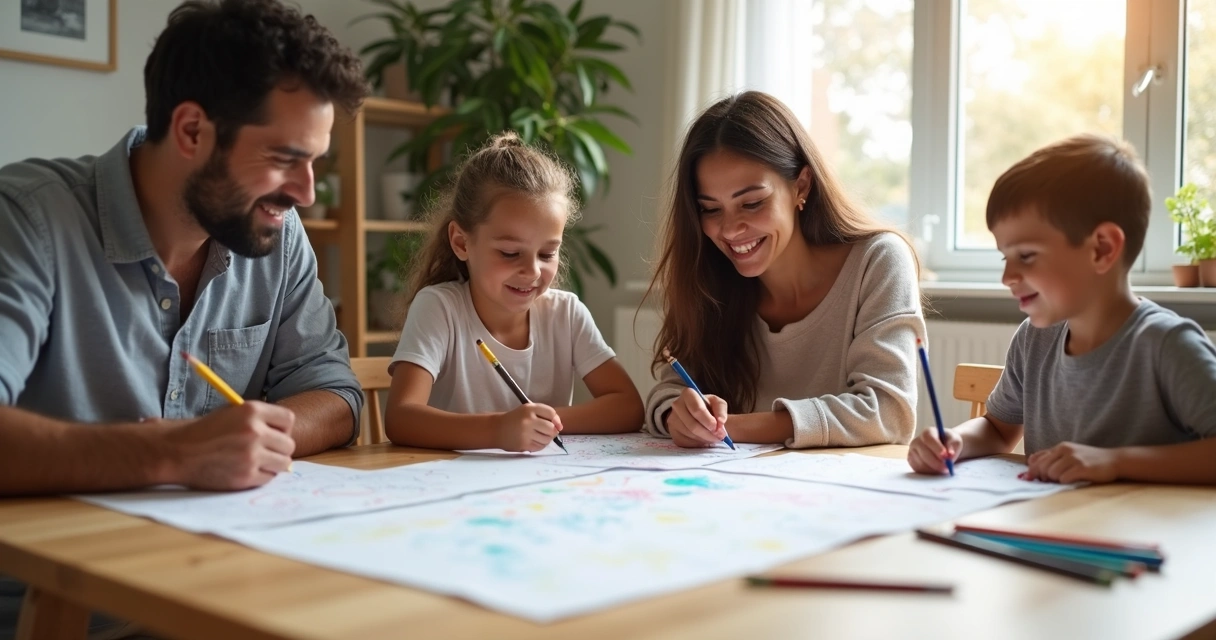 Família sentada à mesa desenhando mapa de emoções com lápis de cor e papel 