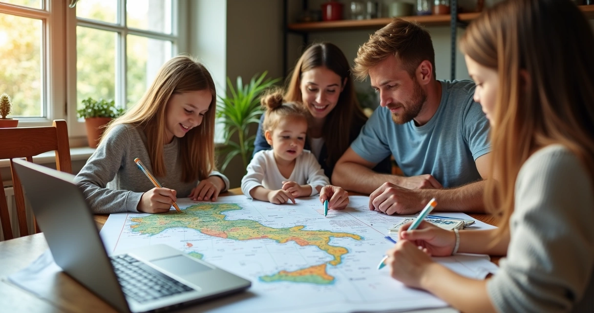 Família italiana planejando viagem com mapa e laptop