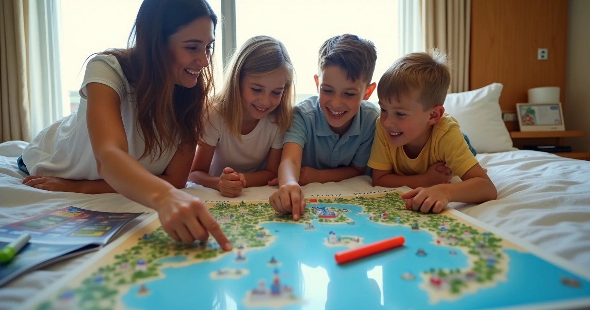 Família analisando mapa para decidir roteiro dos parques de Orlando 