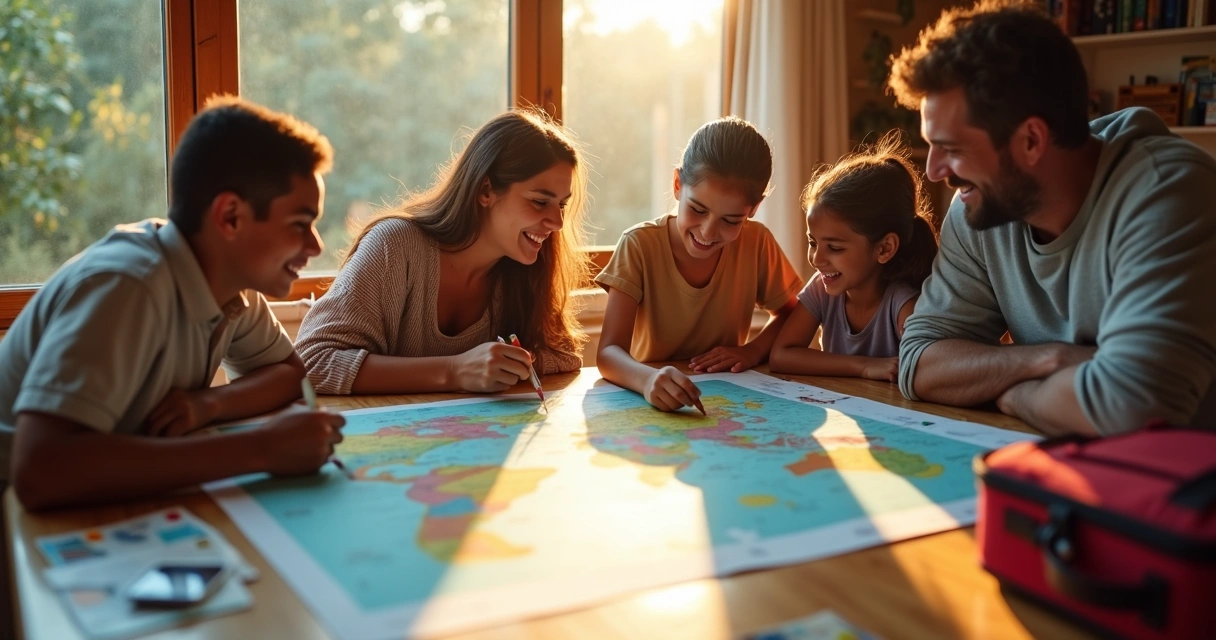 Família reunida em volta de um mapa, planejando viagem