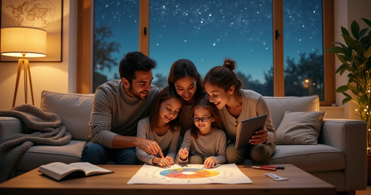 Família reunida no sofá olhando mapas astrológicos coloridos 