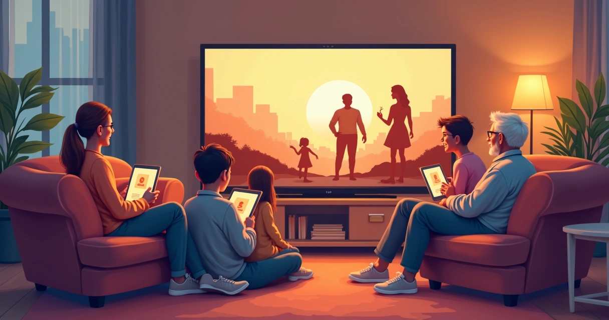 Família reunida assistindo clássicos em diferentes aparelhos 