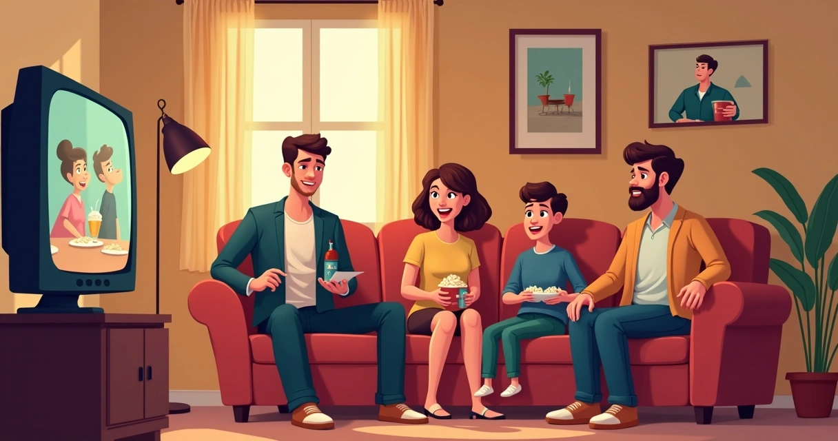 Família reunida assistindo série clássica no sofá 