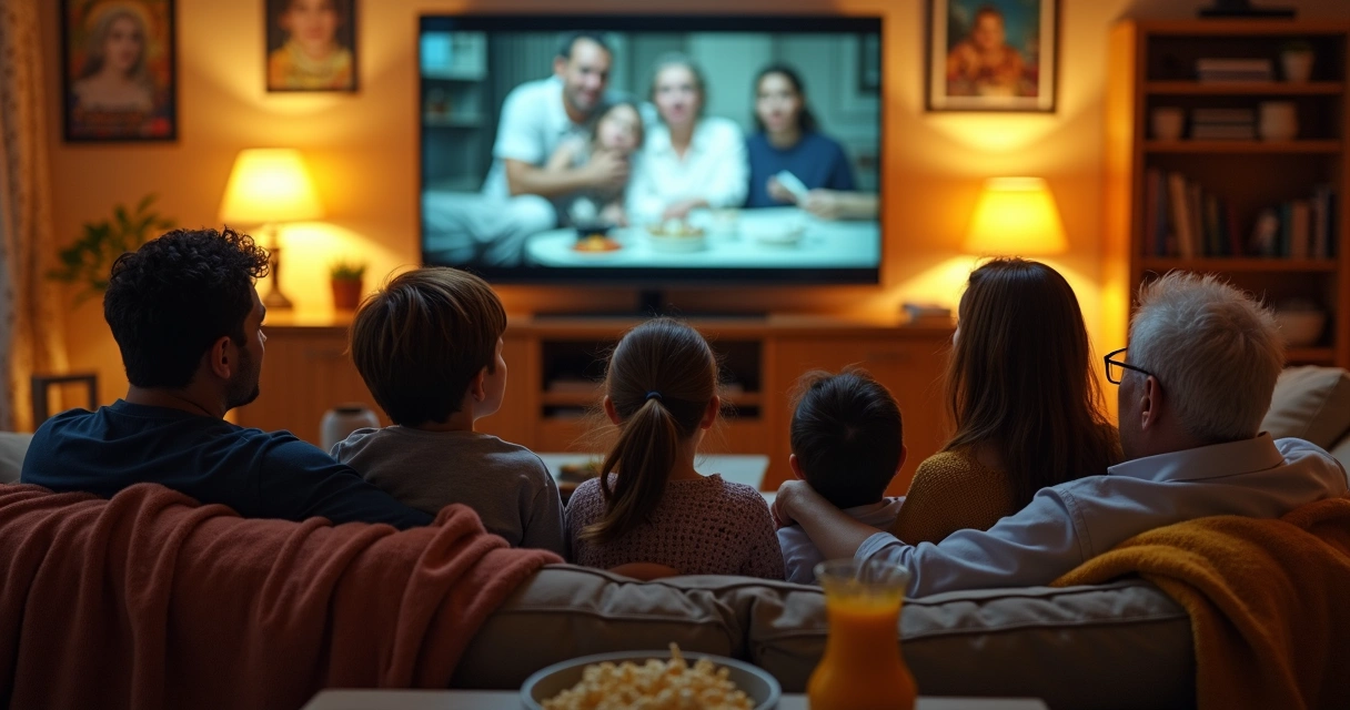 Família reunida no sofá assistindo série na TV da sala 