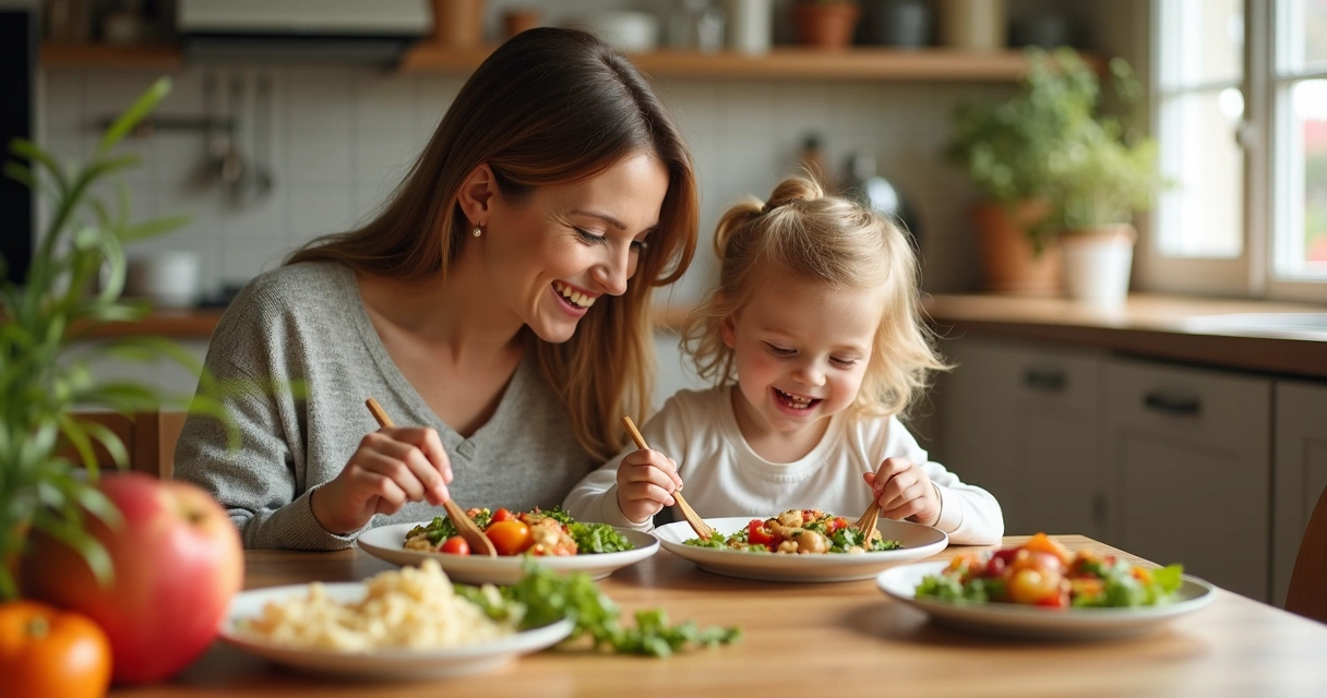 Mãe feliz com filho comendo marmita saudável 