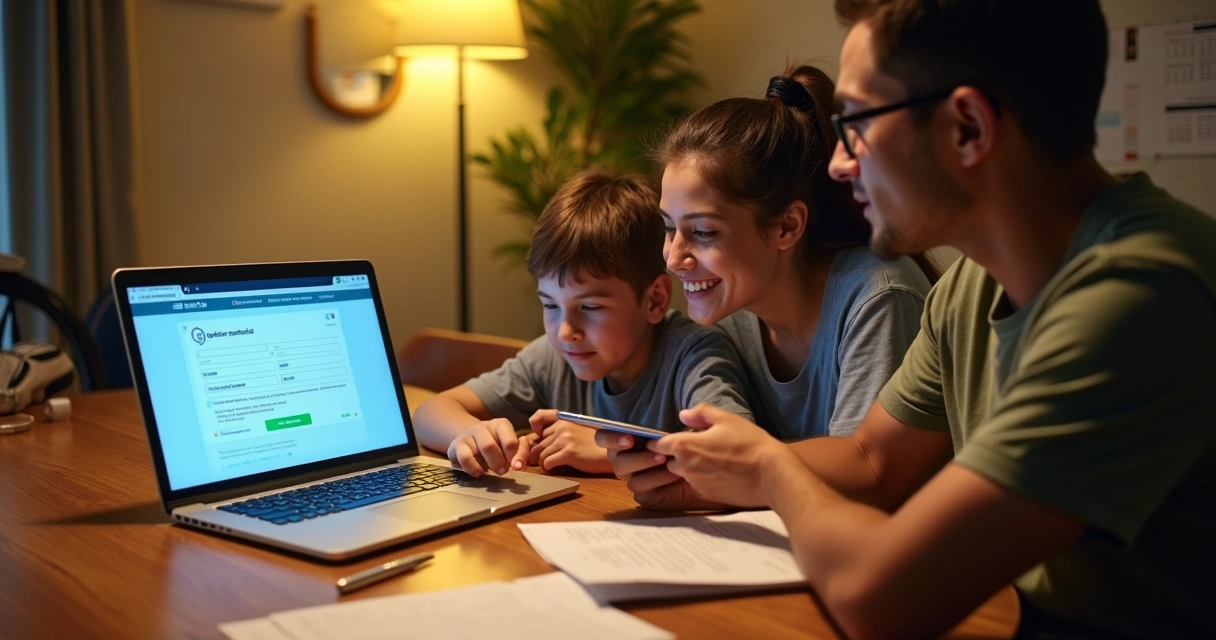 Família realizando matrícula escolar online em notebook na mesa de casa 