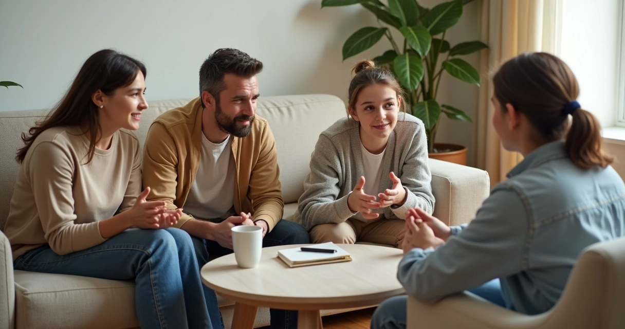 Família sentada na sala de estar conversando de forma calma e respeitosa 