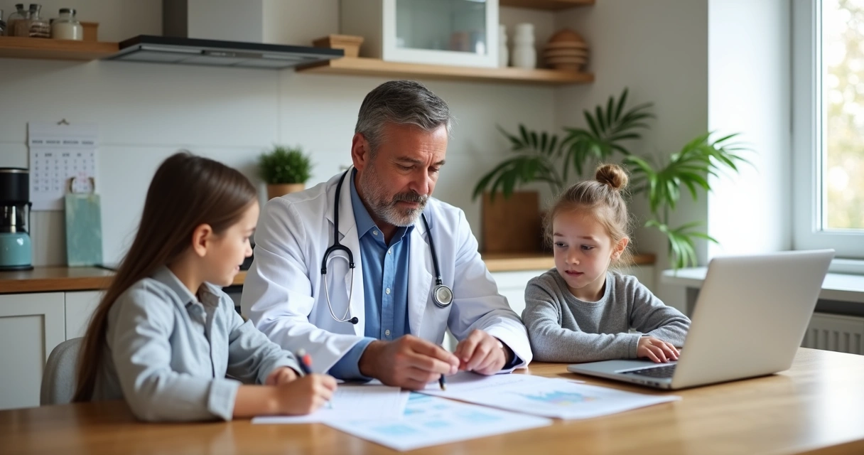 Família médica sentada em casa discutindo planejamento financeiro com papéis na mesa. 