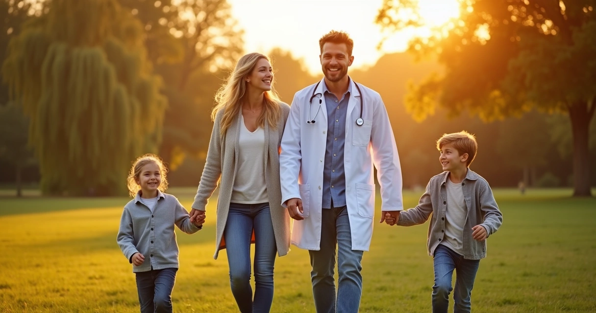 Família de médico feliz caminhando juntos em jardim ao pôr do sol 