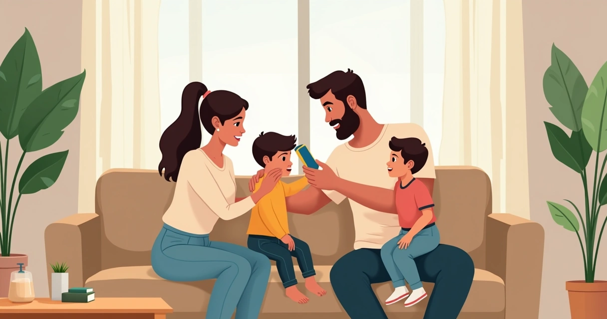 Família sentada no sofá usando um termômetro digital em uma criança pequena 