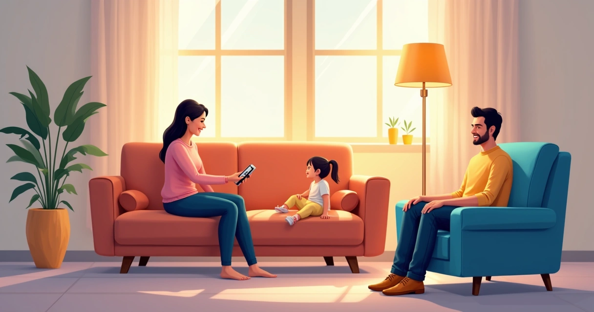 Família usando termômetro digital no sofá 