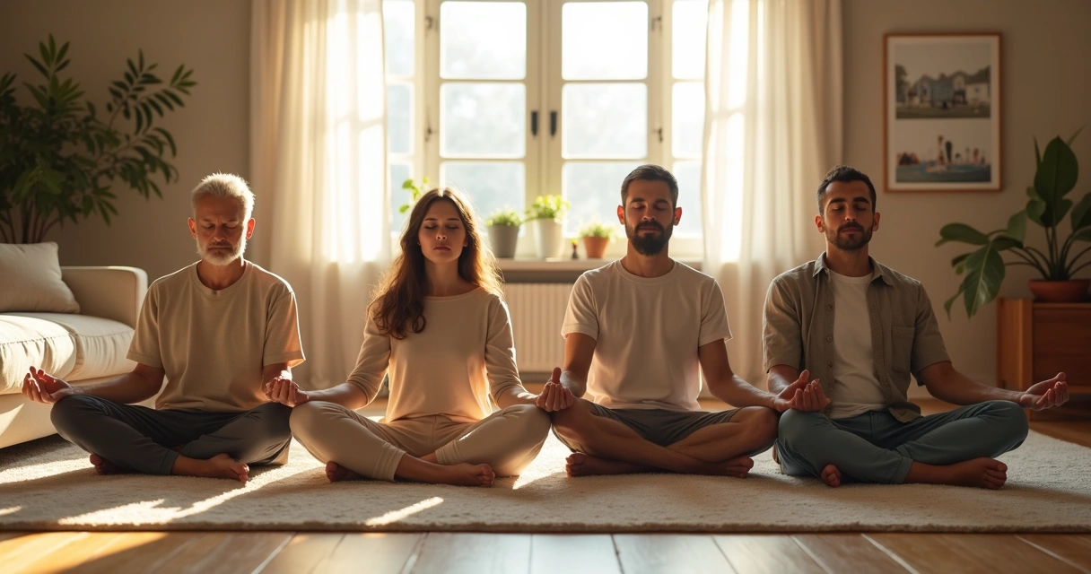 Família composta de várias gerações sentada no tapete meditando de olhos fechados 
