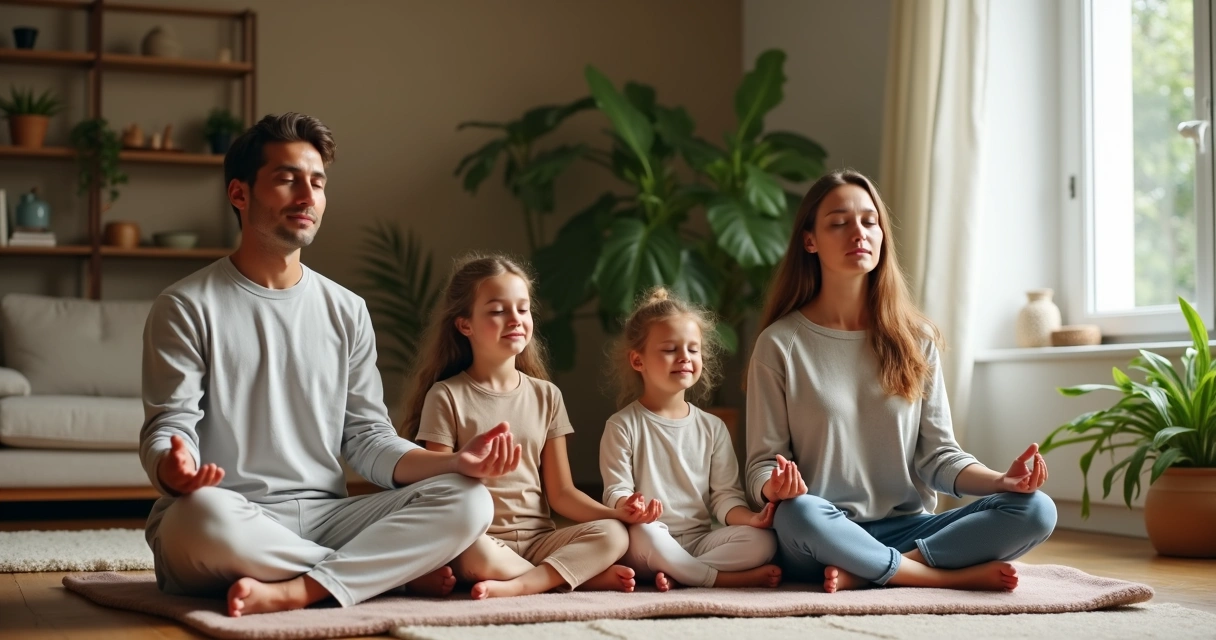 Adultos e crianças sentados em círculo meditando em casa 