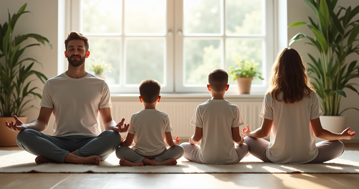 Familia sentada en círculo meditando en la sala de su casa 