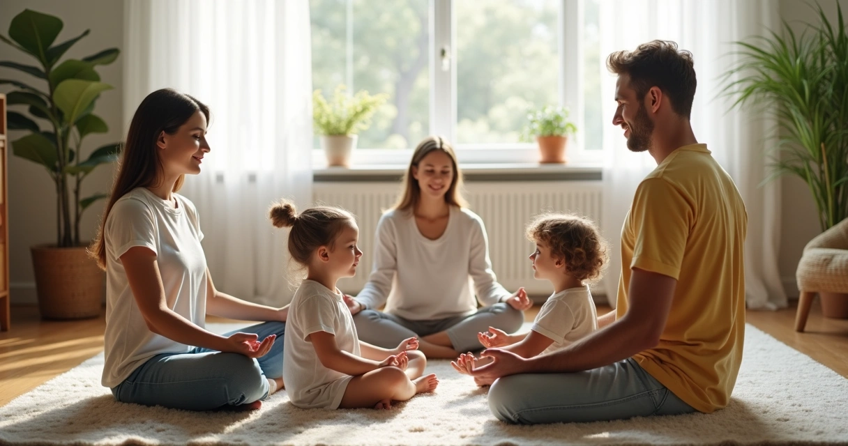Família sentada em círculo na sala praticando meditação 