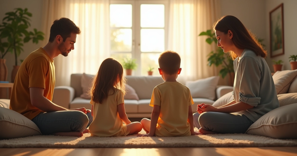 Família sentada em círculo praticando meditação em uma sala iluminada