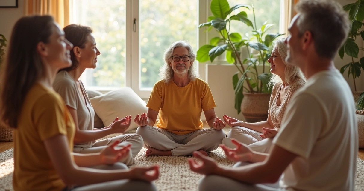 Família sentada em círculo, olhos fechados e meditando 