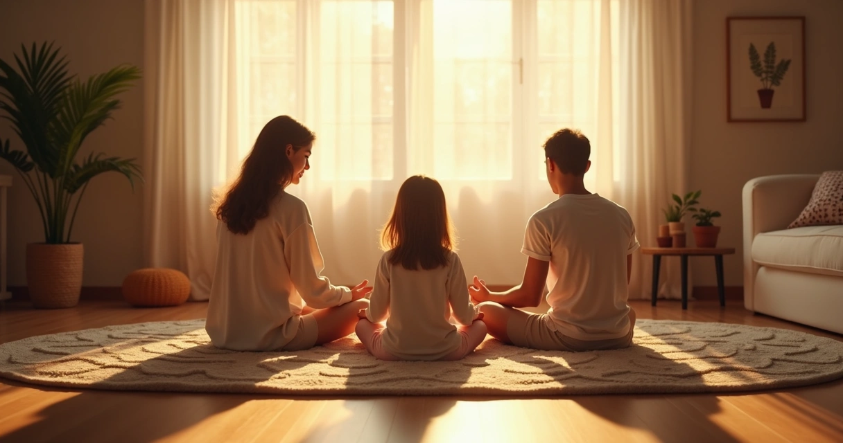 Família reunida em círculo no chão meditando em silêncio, luz suave ao redor 