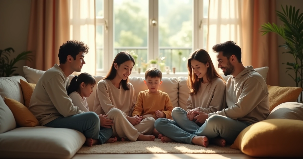 Familia sentada junta en círculo en una sala tranquila 