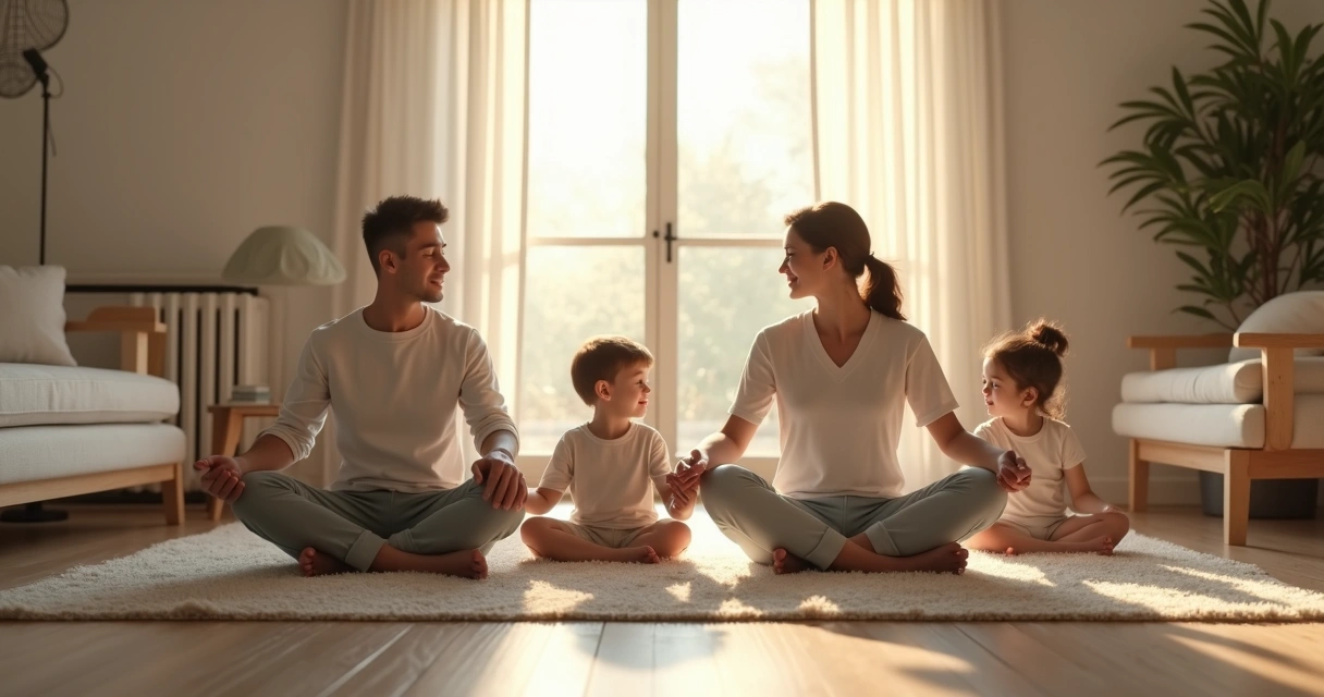 Família sentada em círculo com criança praticando meditação 