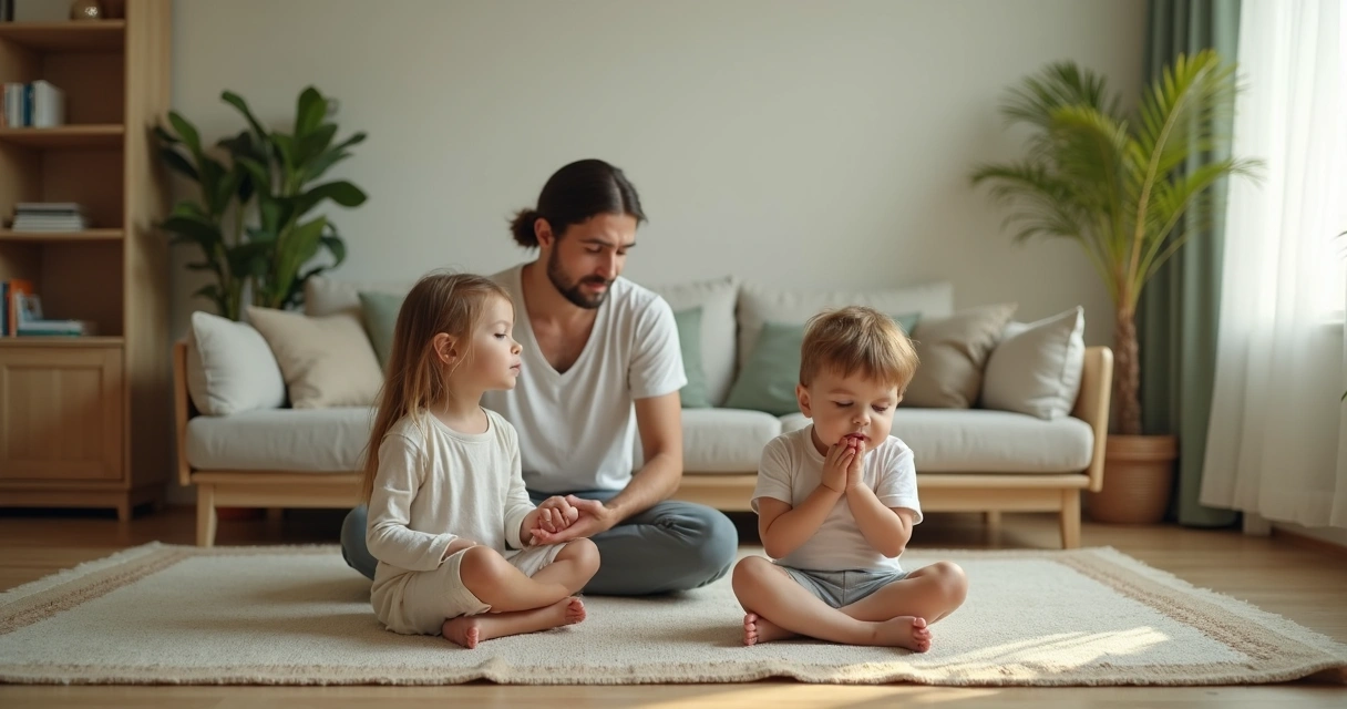 Família fazendo pausa de meditação na sala de casa