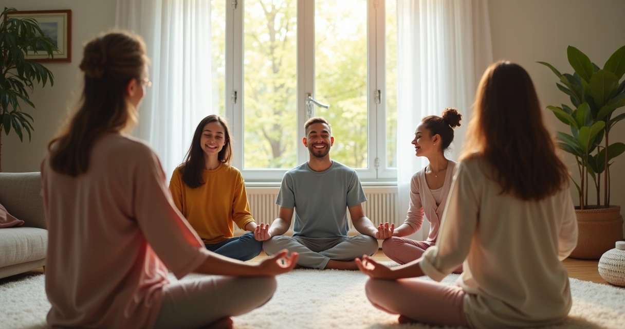 Família sentada em círculo fazendo meditação em uma sala iluminada 