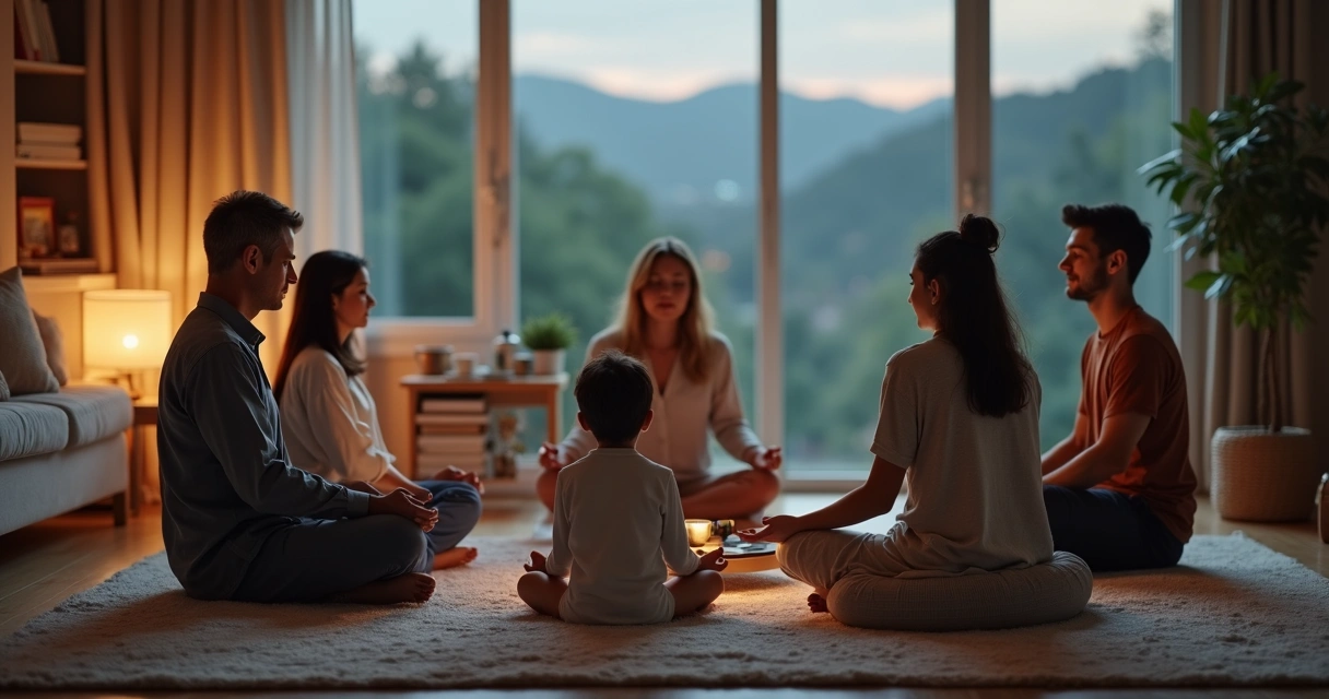 Família diversa em meditação silenciosa em sala de estar aconchegante 