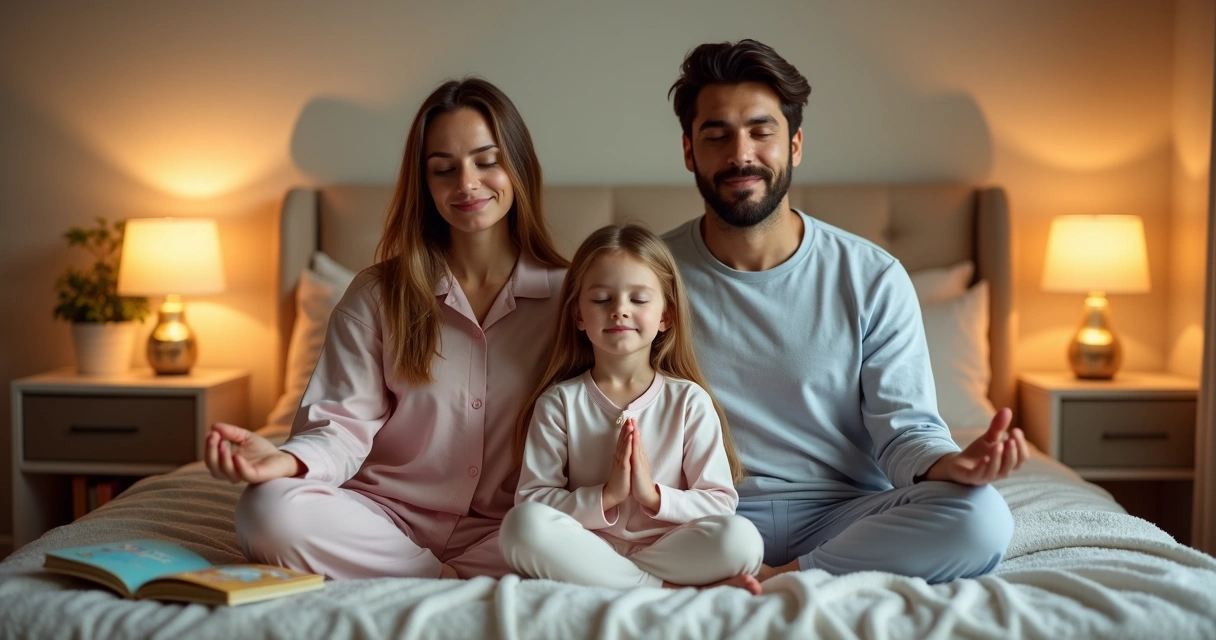 Mãe, pai e filha sentados juntos na cama, todos de olhos fechados em meditação, abajur aceso criando ambiente tranquilo 