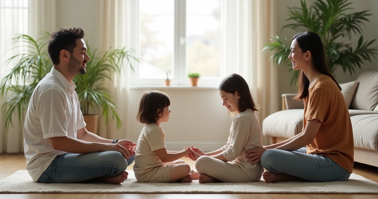 Familia sentada en círculo practicando meditación juntos en el salón 