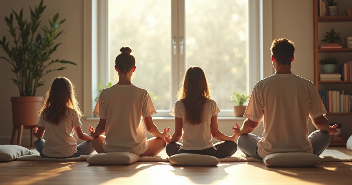 Familia sentada en silencio practicando mindfulness en la sala de casa.