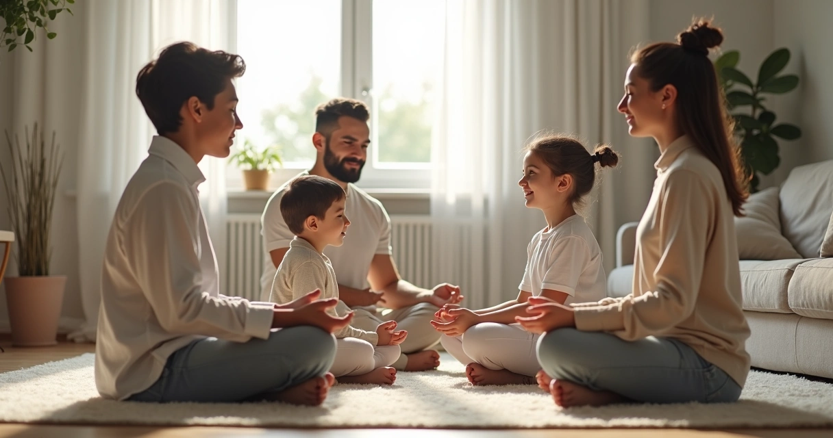 Família sentada em círculo, praticando meditação juntos 
