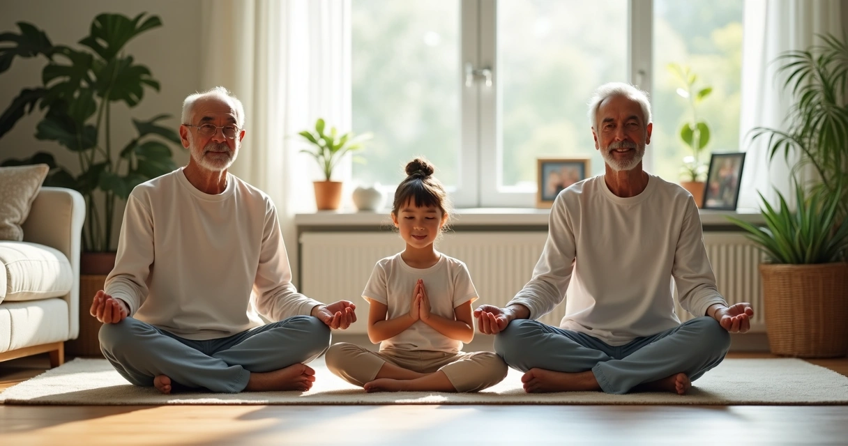 Grupo familiar en postura de meditación en sala iluminada 