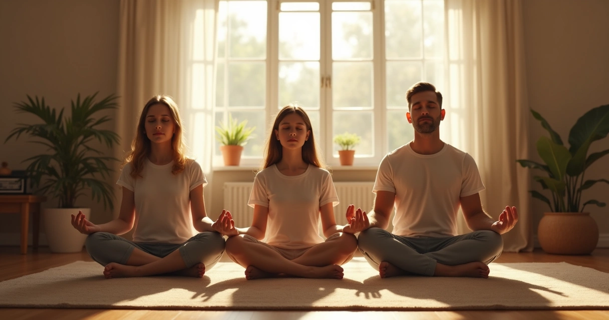 Família sentados juntos em posição de meditação, crianças e adultos com olhos fechados em ambiente iluminado e sereno