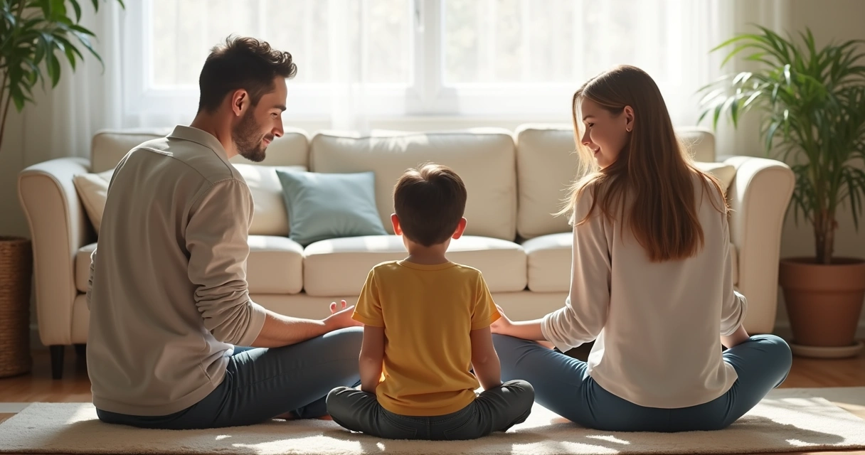 Família sentada em círculo, meditando em casa 