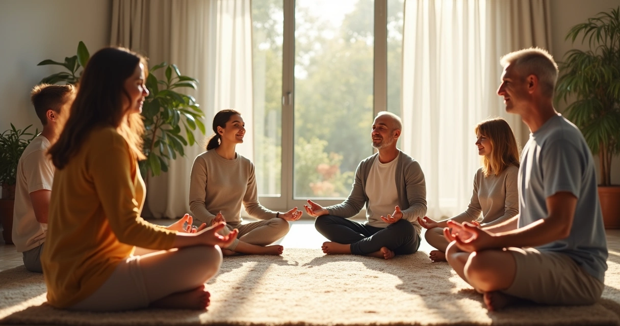 Família meditando sentada em círculo em um tapete 