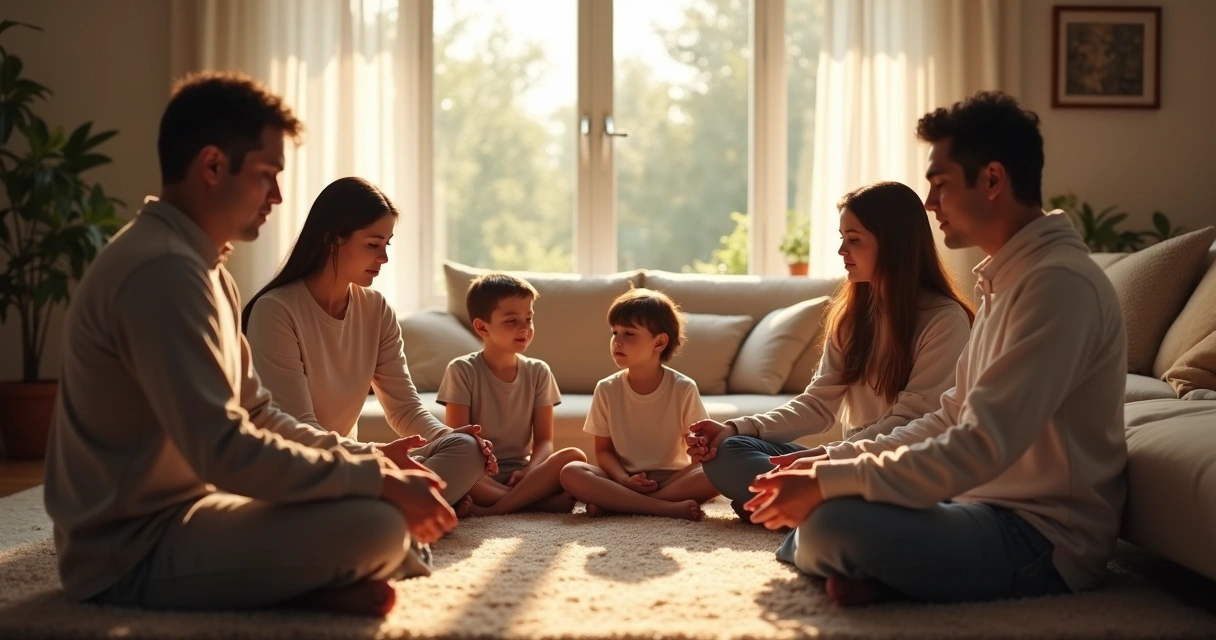 Familia sentada en círculo meditando en el salón de una casa 