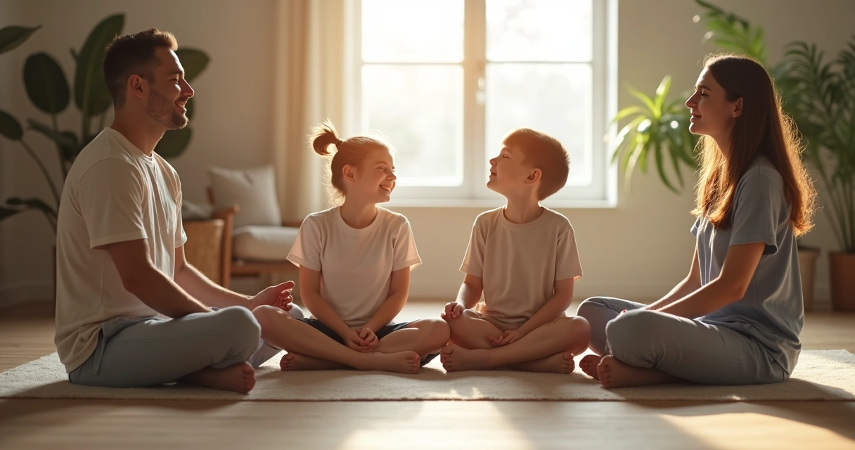 Familia sentada en círculo meditando en el salón de casa 