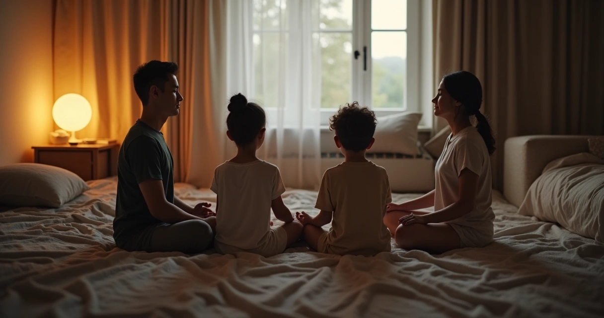 Família sentada em círculo no quarto meditando juntos à noite 