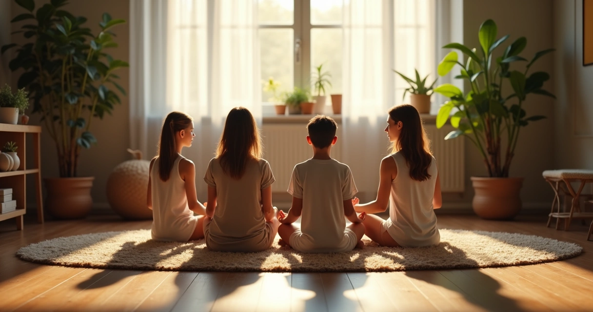 Família sentada em círculo no tapete, olhos fechados, em posição de meditação 