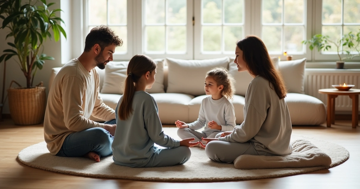 Familia sentada en círculo practicando meditación en el salón de casa 